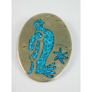 Vintage Mexico Silver Tone Penguin Brooch Pin Turquoise Chip Inlay 2.25" Cute!